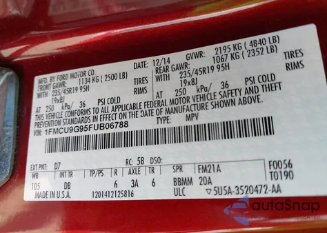 2015 Ford Escape Se from USA, damaged, VIN 1FMCU9G95FUB06788